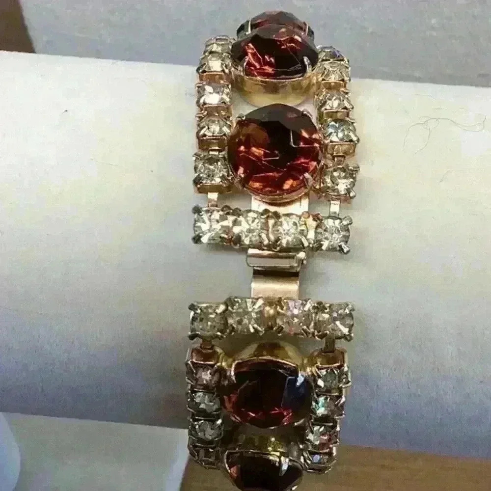 Gold and Amber Colored Glass Rhinestone Bracelet Vintage - Picture 3 of 4